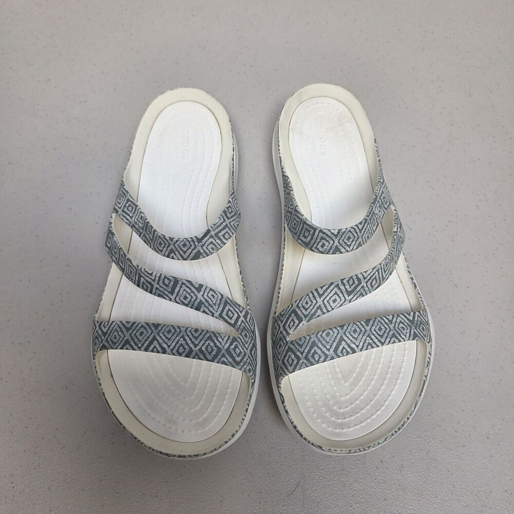 CROCS Swiftwater Iconic Sandal Sz 9 Women’s Gray Graphic Strappy Comfort Slide